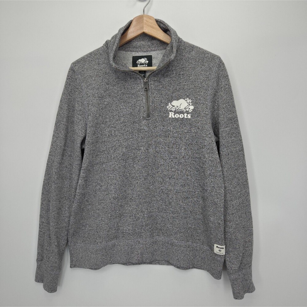 Roots Womesn 1/2 Zip Fleece Pullover Sweatshirt Gray Marled Cotton Blend Medium